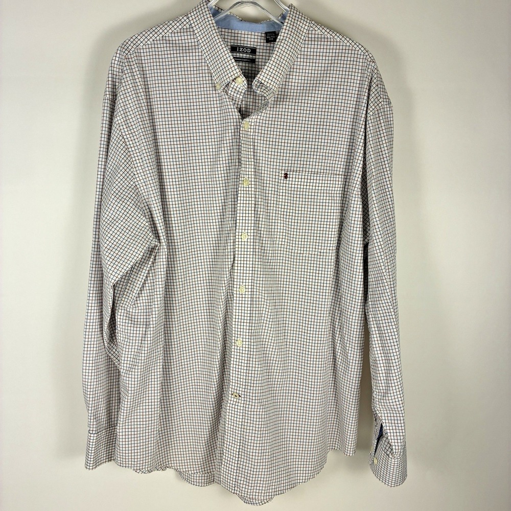 Izod Mens Long Sleeve Button Down Shirt 2XL White Blue Red Plaid Casual Classic